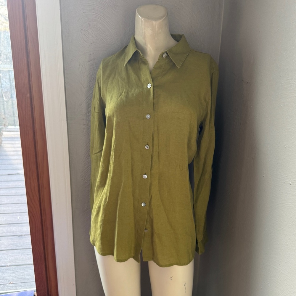 J. Jill "I love linen" button down shirt, olive color, size XS, linen - Picture 3 of 11